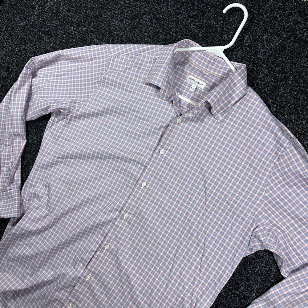 Peter Millar Button Up Shirt Mens L Blue Pink Plaid Stretch Long Sleeve MS20W40